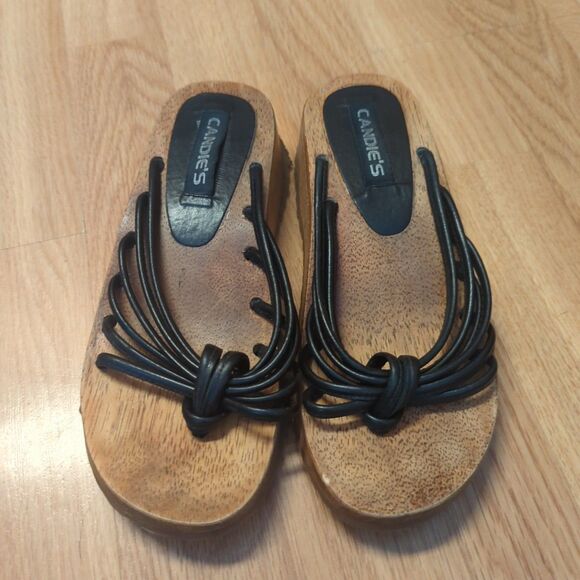 Vintage 90s Y2K Candies Wooden Chunky Strappy Sandals Womens 7 Black - Picture 2 of 7